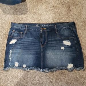 Distressed denim mini skirt